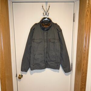 Levi’s Military Utility Canvas Jacket Olive Green Stow Away Hood Full Zip Sz XL